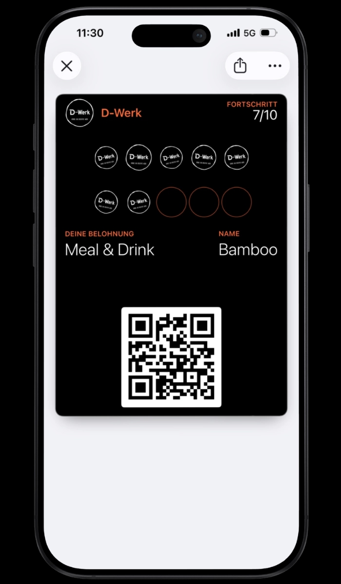 digistamp Stempelkarte im Apple Wallet — D-Werk in Innsbruck, 7 von 10 Stempeln, Belohnung Meal & Drink