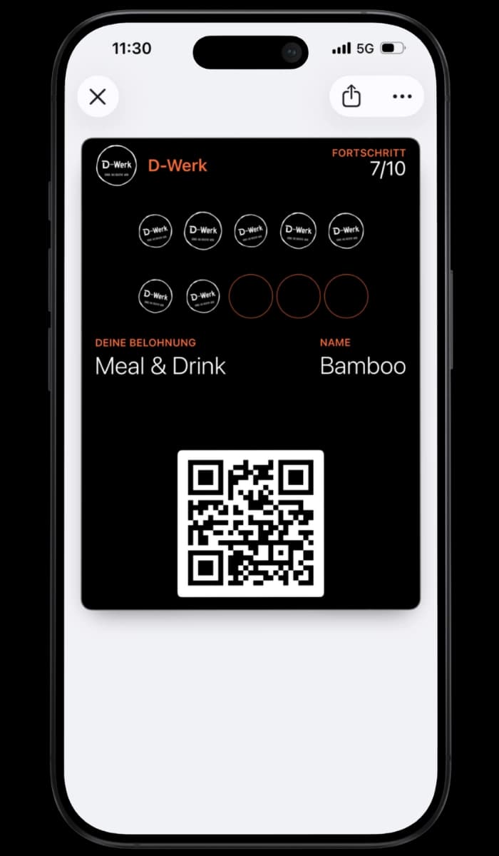 DigiStamp Stempelkarte im Apple Wallet — D-Werk in Innsbruck, 7 von 10 Stempeln, Belohnung Meal & Drink